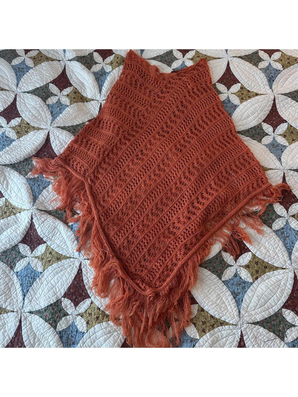 Knit orange poncho cape crochet sweater w fringe one size boho fairy whimsical
